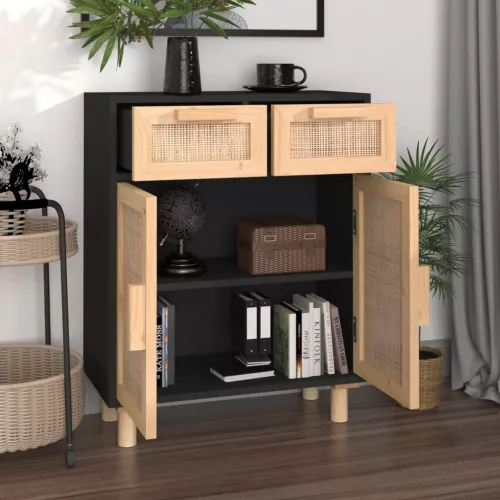  fekete tömör fenyő/természetes rattan tálalószekrény 60x30x75cm