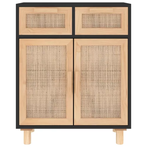  fekete tömör fenyő/természetes rattan tálalószekrény 60x30x75cm