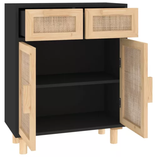  fekete tömör fenyő/természetes rattan tálalószekrény 60x30x75cm