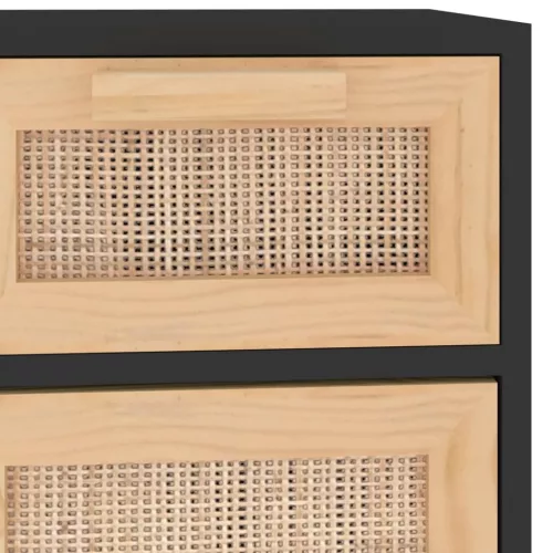  fekete tömör fenyő/természetes rattan tálalószekrény 60x30x75cm