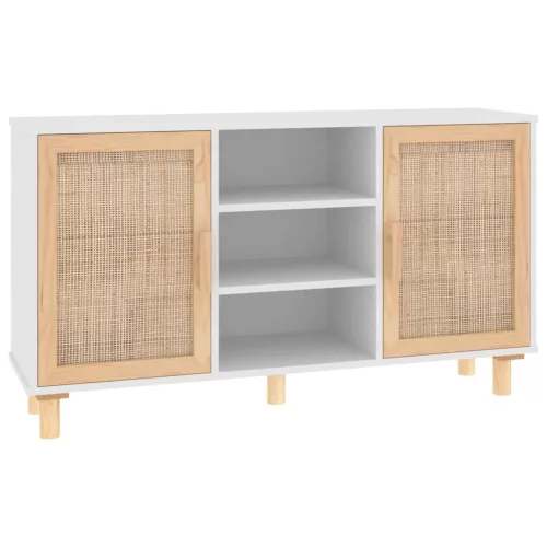  fehér tömör fenyő/természetes rattan tálalószekrény 105x30x60cm