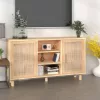  barna tömör fenyő/természetes rattan tálalószekrény 105x30x60cm