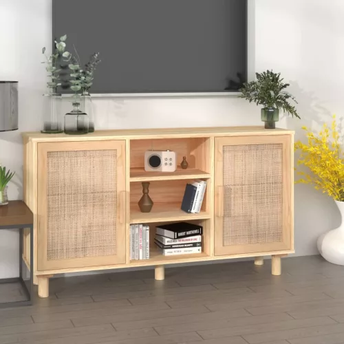  barna tömör fenyő/természetes rattan tálalószekrény 105x30x60cm