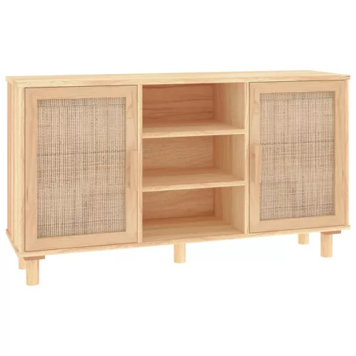  barna tömör fenyő/természetes rattan tálalószekrény 105x30x60cm