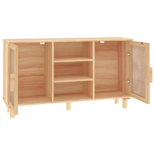  barna tömör fenyő/természetes rattan tálalószekrény 105x30x60cm