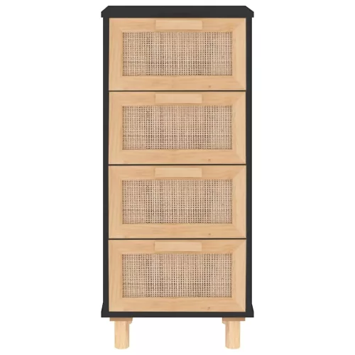  fekete tömör fenyő/természetes rattan tálalószekrény 40x30x90cm