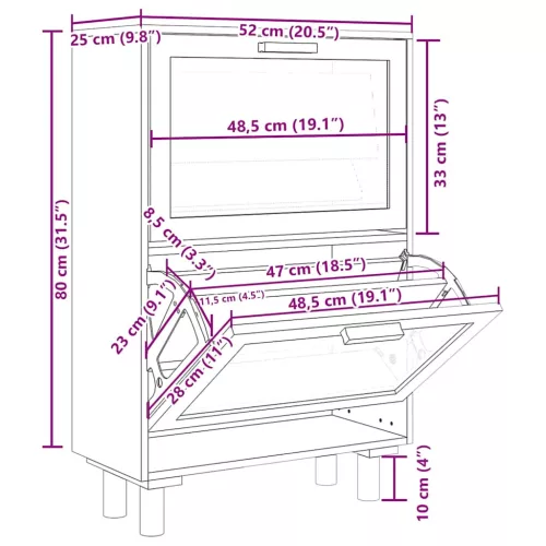  barna szerelt fa és természetes rattan cipőszekrény 52x25x80 cm