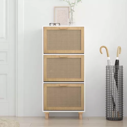  fehér szerelt fa és természetes rattan cipőszekrény 52x25x115cm