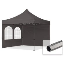   Professional összecsukható sátrak PREMIUM 350g/m2 ponyvával, acélszerkezettel, 2 oldalfallal, hagyományos ablakokkal - 3x3m sötétszürke