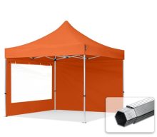   Professional összecsukható sátrak PROFESSIONAL 400g/m2 ponyvával, alumínium szerkezettel, 2 oldalfallal, panoráma ablakkal -  3x3m narancssárga