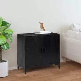    fekete tömör újrahasznosított fenyő tálalószekrény 75x35x70 cm