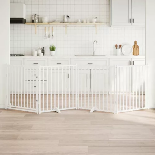  fehér tömör fa 4 paneles összecsukható kutyakapu ajtóval 320 cm