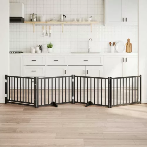  fekete tömör fa 4 paneles összecsukható kutyakapu ajtóval 320cm
