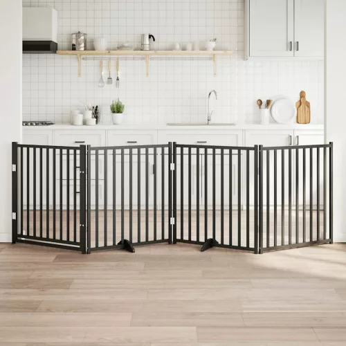  fekete tömör fa 4 paneles összecsukható kutyakapu ajtóval 320cm