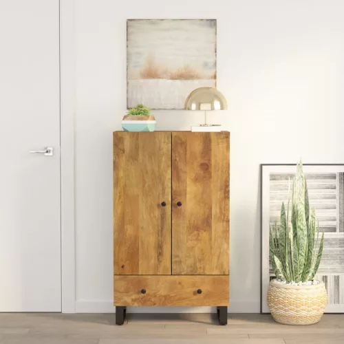  tömör mangófa és vas magasszekrény fiókkal 60x33x100 cm