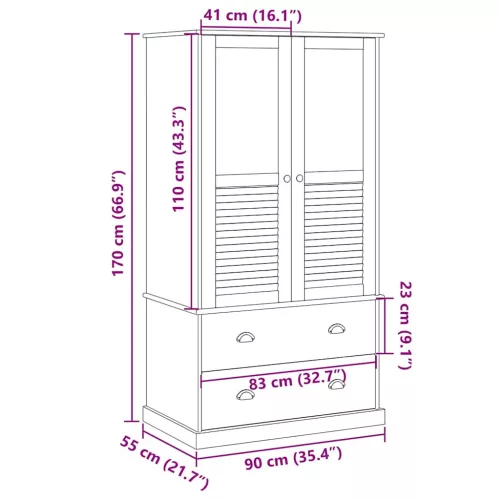  VIGO fehér tömör fenyőfa szekrény 90 x 55 x 170 cm