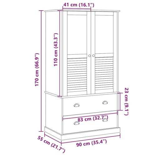  VIGO szürke tömör fenyőfa szekrény 90 x 55 x 170 cm