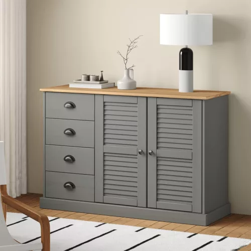  VIGO szürke tömör fenyőfa fiókos tálalószekrény 113x40x75 cm