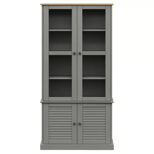  VIGO szürke üvegvitrines tömör fenyőfa szekrény 85x35x170 cm