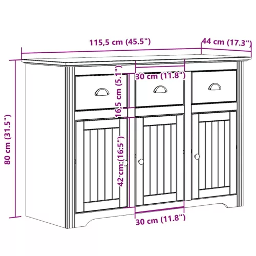  BODO fehér-barna tömör fenyőfa tálalószekrény 115,5x44x80 cm