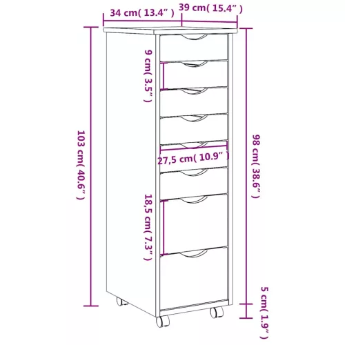  MOSS szürke tömör fenyőfa görgős szekrény fiókokkal