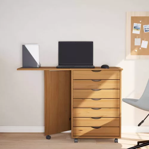  MOSS mézbarna tömör fenyőfa görgős szekrény íróasztallal