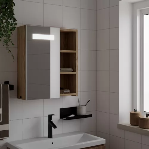  tölgyszínű tükrös fürdőszobaszekrény LED-del 45 x 13 x 52 cm