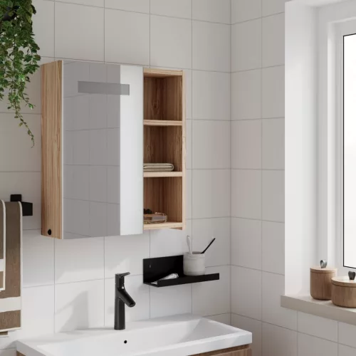  tölgyszínű tükrös fürdőszobaszekrény LED-del 45 x 13 x 52 cm