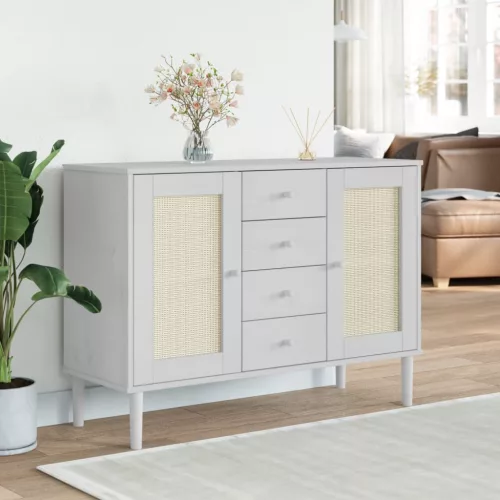  SENJA fehér rattanhatású tálalószekrény 112 x 40 x 80 cm