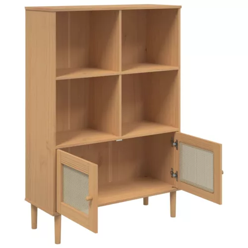  SENJA barna rattanhatású tömör fenyő könyvszekrény 90x35x130 cm