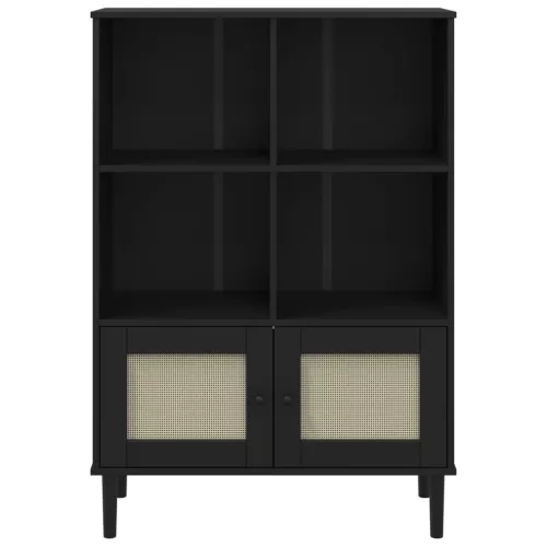  SENJA fekete rattanhatású tömör fenyő könyvszekrény 90x35x130cm