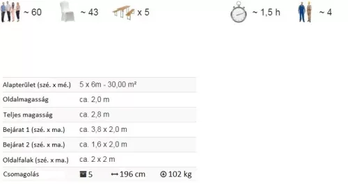 TP 5x6m standard rendezvénysátor, PVC 700 - fehér-szürke