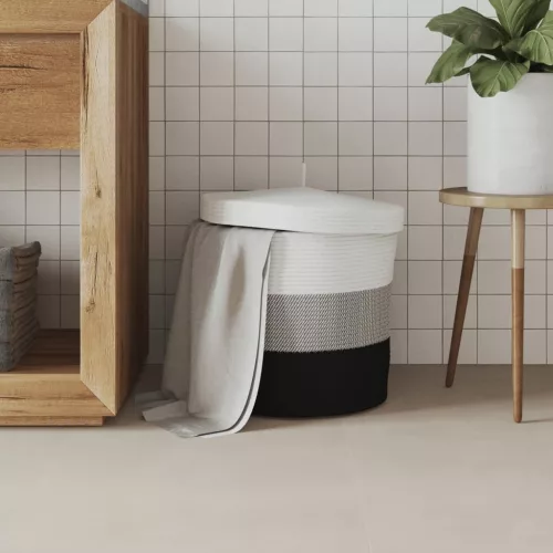  fehér-fekete pamut tárolókosár fedéllel Ø40 x 35 cm