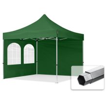   Professional összecsukható sátrak PROFESSIONAL 400g/m2 ponyvával, alumínium szerkezettel, 2 oldalfallal, hagyományos ablakkal -  3x3m zöld