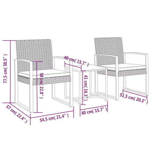  3 részes sötétszürke polyrattan kerti étkezőgarnitúra párnákkal