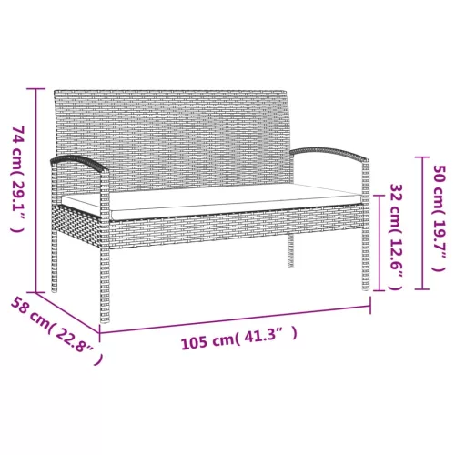  fekete polyrattan kerti pad párnával 105 cm