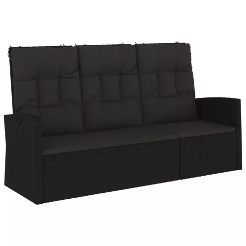  fekete polyrattan dönthető kerti pad párnával 173 cm