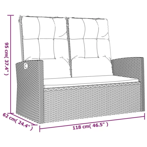  fekete polyrattan dönthető kerti pad párnával 118 cm