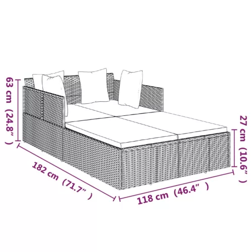 fekete polyrattan napozóágy párnával 182 x 118 x 63 cm