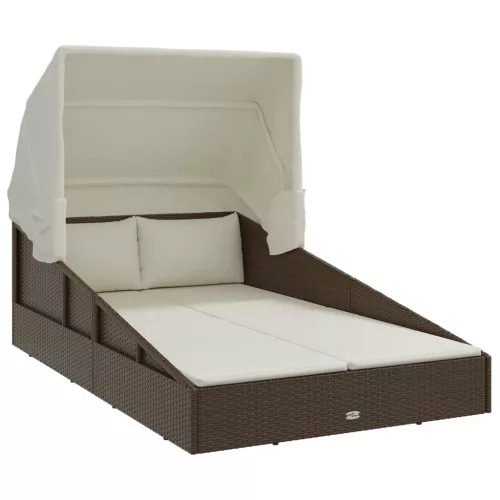  barna polyrattan napozóágy összecsukható tetővel 200x114x128 cm