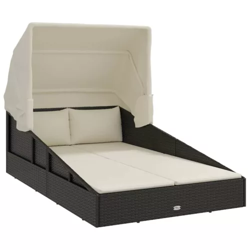  fekete polyrattan napágy összecsukható tetővel 200x114x128 cm