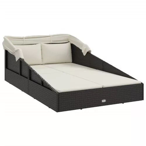  fekete polyrattan napágy összecsukható tetővel 200x114x128 cm
