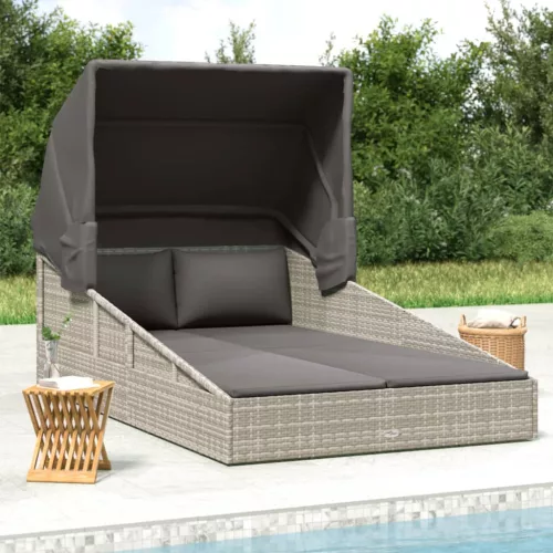  szürke polyrattan napágy összecsukható tetővel 200x114x128 cm