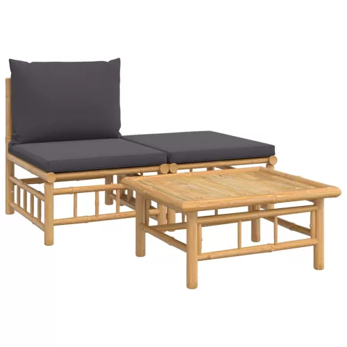  3 részes bambusz kerti ülőgarnitúra sötétszürke párnákkal