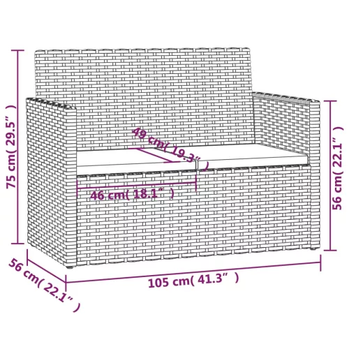  fekete polyrattan kerti pad párnákkal 105 cm