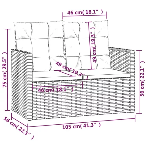  fekete polyrattan kerti pad párnákkal 105 cm