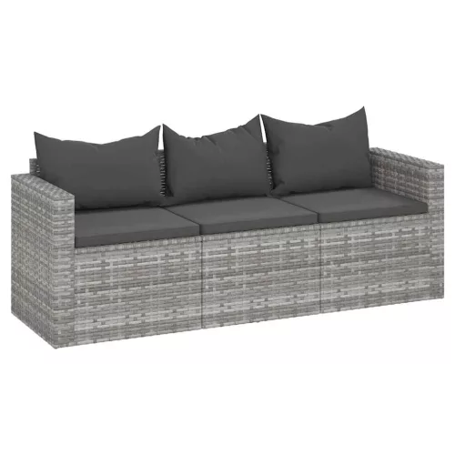  3 személyes szürke polyrattan kerti kanapé párnával