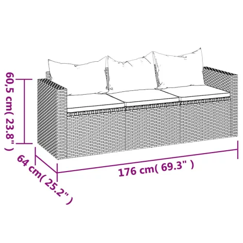  3 személyes szürke polyrattan kerti kanapé párnával
