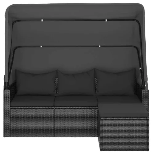  3-személyes fekete polyrattan kanapé tetővel és lábtartóval
