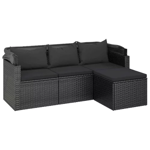  3-személyes fekete polyrattan kanapé tetővel és lábtartóval